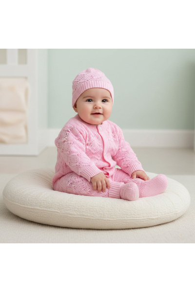 bebegen بذلة تريكو وردية للفتيات الصغيرات - تصميم بيريه