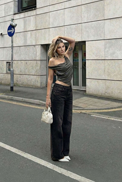 Bluewhite Women's Anthracite High Waist Wide Leg Jean Trousers