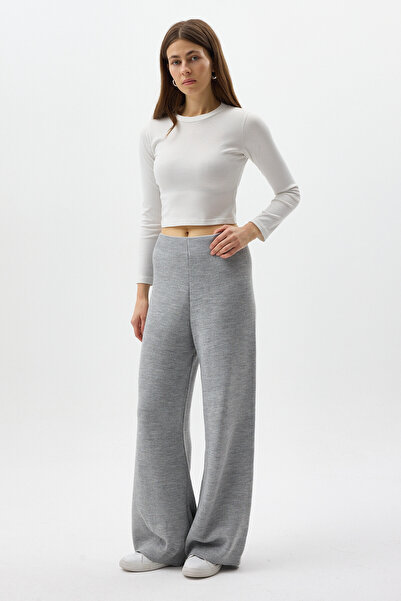 Rays Γκρι Πλεκτό Γυναικείο Παντελόνι με φαρδύ πόδι 23274