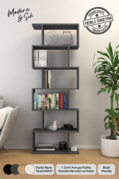 Mirobi Oregon 6 Raflı Zikzak Kitaplık, Dekoratif Raf 6 Raflı Kitaplık, Labire...