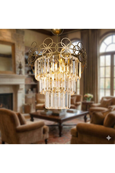 avizade Lüks Kristal Taşlı Eskitme Avize - 45 cm Modern Klasik Salon ve Oturm...