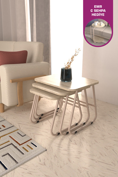 VİLİNZE Zigana Çok Amaçlı Vizon Metal Ayak 3'lü Traverten MDF Zigon Sehpa