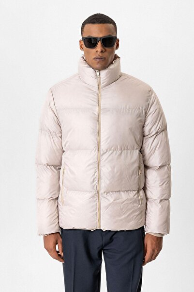 Antioch Beige Stand Collar Rubber Puffer Jacket