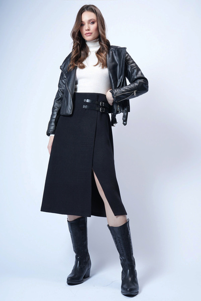 Trend Alaçatı Stili Kadın Siyah Deri Kemer Aksesuarlı Anvelop Kesim Midi Boy ...