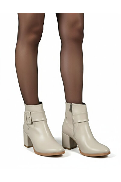 Hepici Γυναικείες δερμάτινες μπότες με μυτερή μύτη, μπεζ τετράγωνη αγκράφα, κ...