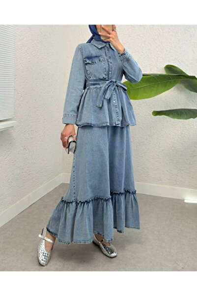 Modamorfo Parçalı Kemerli Jile Ceket İkili Kot Elbise -Buz Mavi