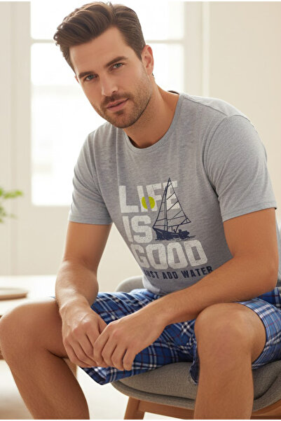 Siyah İnci Gray Patterned Crew Neck Knitted Shorts Suit 25109641