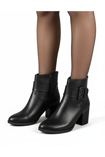 Hepici حذاء نسائي من الجلد بمقدمة مدببة، أسود، بإبزيم مربع، تصميم أنيق للاستخ...