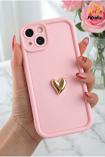 Fibaks حافظة لهاتف ابل ايفون 13 بتصميم قلب ثلاثي الأبعاد ونمط وردي ناعم لحماي...