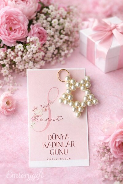 Emtory Home 8 Mart Kartlı - 10 Adet Kadınlar Günü İnci Anahtarlık Hediyelik- ...