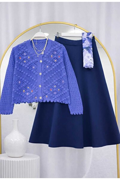 MODA VEDAT Women's Floral Detailed Knitwear Cardigan Skirt Set (the Cardigan ...