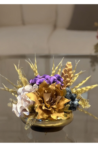 Morbegon Metal Cobalt Ilı Artificial Flower Flat Arrangement Gold