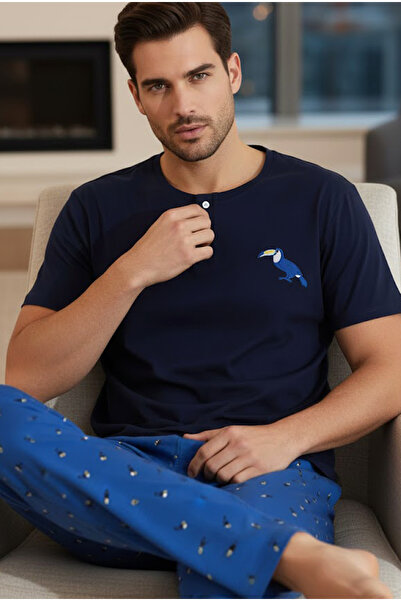 Siyah İnci بدلة بيجامة محبوكة بياقة دائرية ومطبوعة باللون الأزرق الداكن 25109833