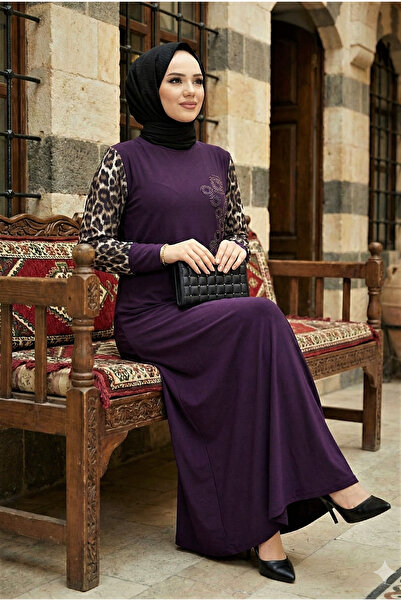 modamira Kadın Mor Sandy Boydan Tarz Özel Tasarım Anne Davet Düğün Taşlı Leop...