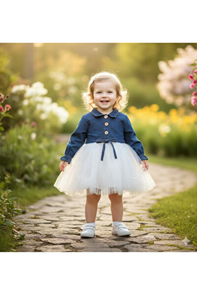 Necix's Star Denim Cream Girls' Denim Tulle Detailed Dress