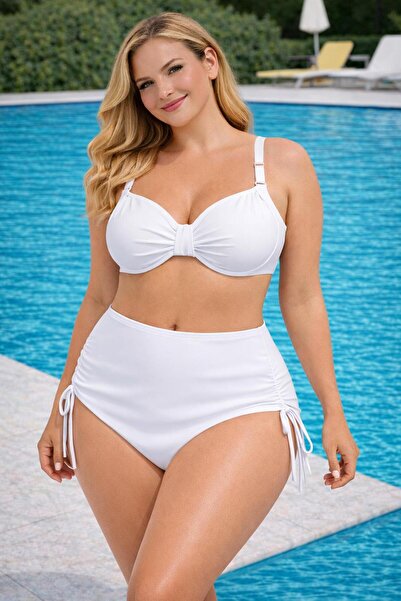 VAJESTO Kadın Ekru Likralı Esnek Şık Rahat Büyük Beden Battal Telli Balenli Y...