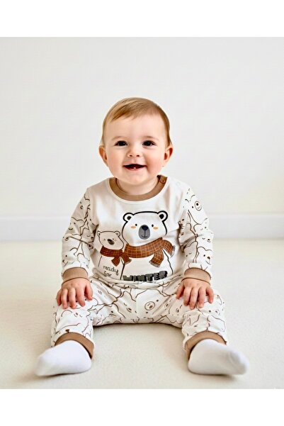 ELLO BABY Kahverengi Bebek Pijama Takımı Ayıcık Desenli Yumuşak Uzun Kollu