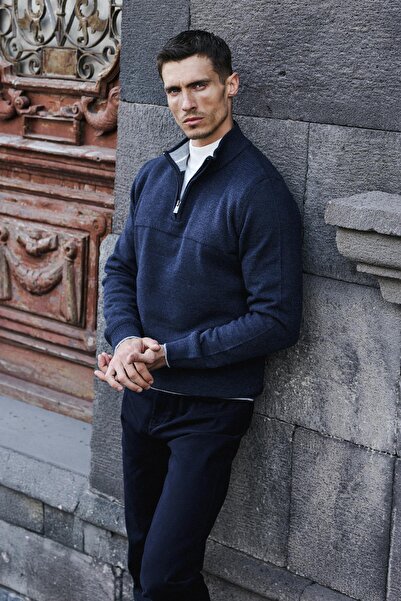 Jakamen Indigo S Slim Fit Zippered Knitwear Sweater