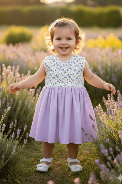 Bertuğ Bebek Çiçek Desenli Kız Çocuk Bebek Şile Bezi Pamuklu Lila Elbise