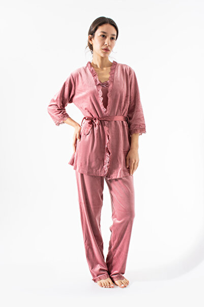 Ecrou Set de pijama din 3 piese pentru femei, din catifea moale pudrată, cu b...