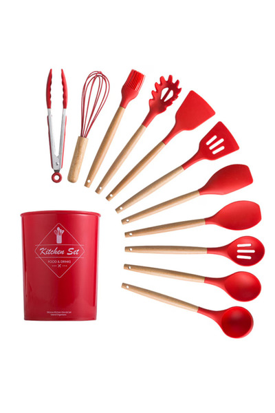 OEM Set de 12 ustensile de bucătărie Lemn/Silicon Roșu