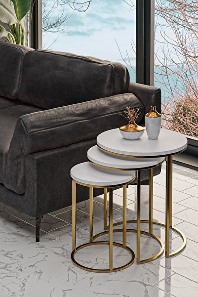 usta mekan 3'lü Parlak Gold Ayak Beyaz Tabla Zigon Servis Salon Sehpa