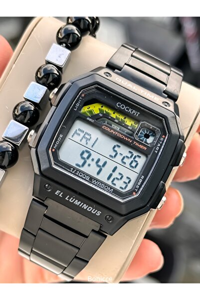 Cockpit ساعة يد رجالية رياضية مقاومة للماء، منبه، مضيئة، بسوار سيليكون أسود