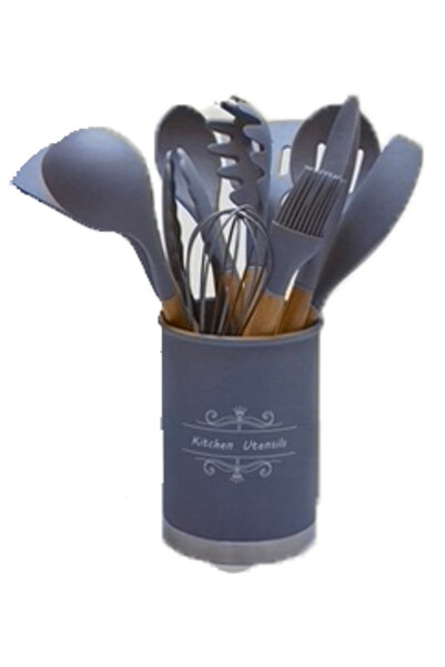 LILY Set 12 ustensile de bucătărie cu mâner de lemn GRI