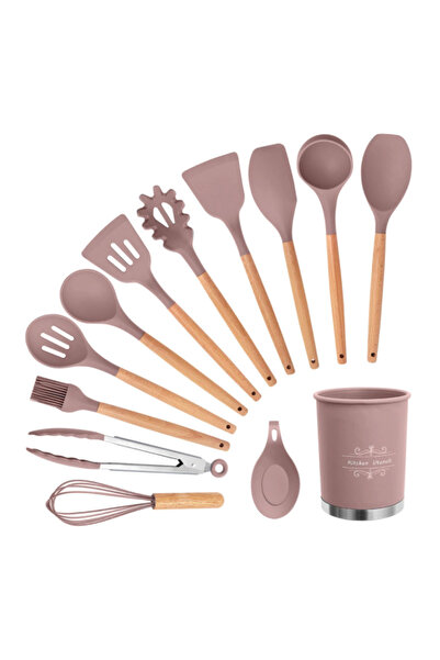 BASHAR Σετ 13 ΡΟΖ αντικολλητικά σκεύη κουζίνας σιλικόνης με λαβή από μπαμπού,...