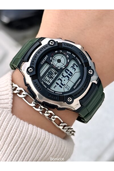 Cockpit Brand Water Resist, Alarm, Illuminated, Green Silicone Strap Sports M...