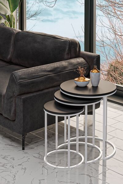 usta mekan 3'lü Beyaz Ayak Siyah Tabla Zigon Servis Salon Sehpa