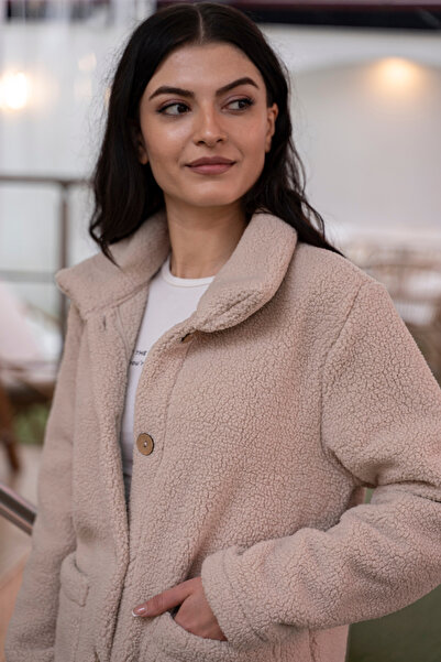 homytextiles سترة نسائية من شيربا فائقة النعومة بياقة قميص وأزرار