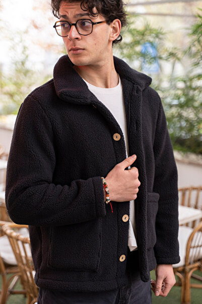 homy textiles سترة رجالية من الشيربا فائقة النعومة بياقة قميص وأزرار