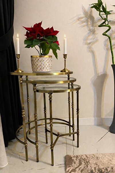 Tutku Torna Detaylı 3'lü Zigon Sehpa Pirinç Eskitme,Gold,Gümüş