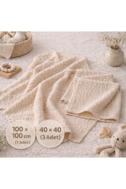 NazeninHome Muslin Baby Blanket 100X100 cm and 3-Piece Diaper 40X40 cm - 100%...