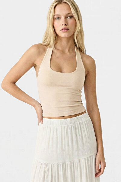 Tight Lady Beige Inner Layer, 95% Cotton, Halter Neck, Double Layer Crop Top ...