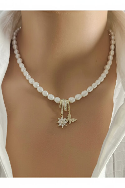 elinasaccessories İnci dogaltas tasarım kolye gerçek inci 14k kaplama zirkon ...