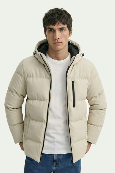 D1fference Erkek Bej Kalın Astarlı Kapüşonlu Şişme Spor Kışlık Mont