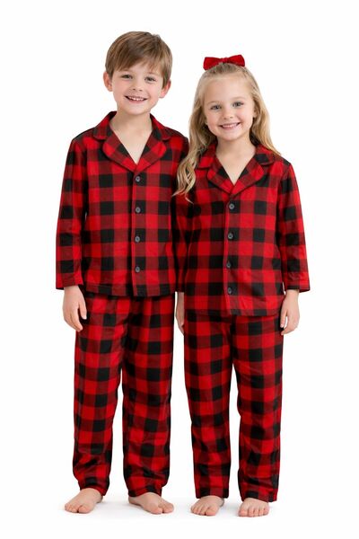 mışıl mışıl kids Girls Boys Red Black Checkered Buttoned Suede Fabric Pajama Set