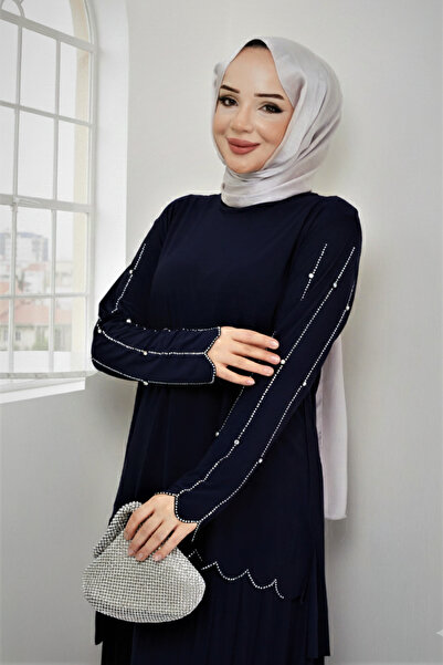 modamira Kadın Lacivert Sandy Özel Tasarım Davet Taş Işlemeli Bluz Etek Plise...