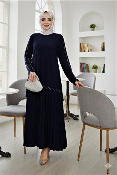 modamira Kadın Lacivert Sandy 2li Önü Ve Kolları Taş Işlemeli Bluz Etek Plise...