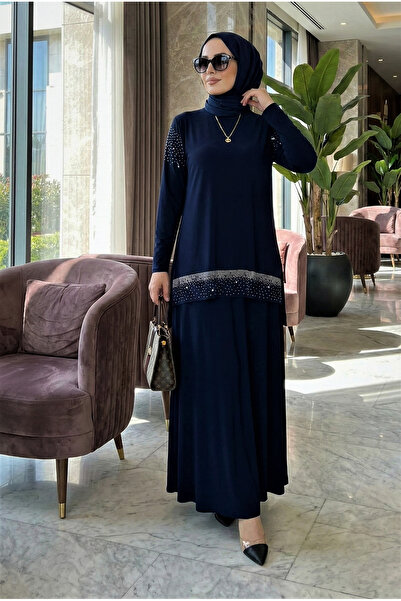 modamira KADIN SANDY LACİVERT ÖNÜ VE KOLLARI TAŞLI 2Lİ BLUZ ETEK PİLİSELİ İKİ...