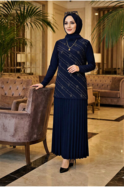 modamira Kadın Sandy Lacivert 2li Büyük Beden Bluz Taş Detaylı Eteği Piliseli...