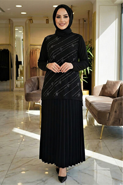 modamira Kadın Sandy Siyah Tarz Özel Davet Bluz Taş Detaylı Eteği Piliseli İk...