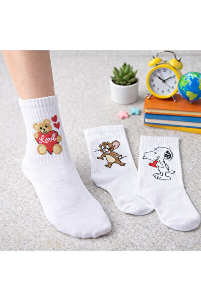 EFİLACCESSORİES Snopy&Jerry&Bear Patterned 3-Piece Women's Socks