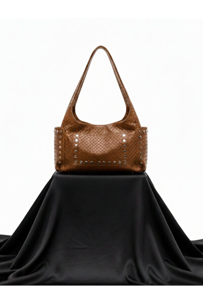 H&D COLLECTİON Large Size Tan Color Knitted Model Women's Shoulder Bag with S...