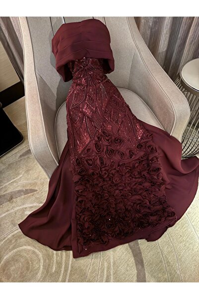 MY.SIZE فستان سهرة لون بورقندي دانتيل بتطريز خرز مع ترتر