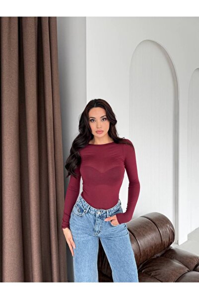 WellWay Boat Neck Transparent Detail Cashmere Fabric Blouse-Burgundy