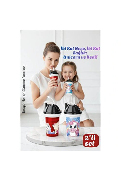 shopwave Çocuk Pipetli Bardak Seti 2'li Unicorn & Kedi Figürlü İkili Eğlencel...