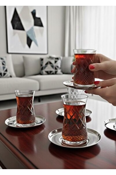 DECOSTYLE Pasabahce Ella Cut Decorated Steel Plate 12 Piece Tea Set for 6 People